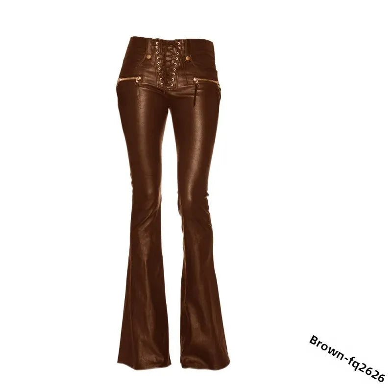 Sexy Damen Fashion Gothic Punk Hose PU Lederhose Reißverschluss Schlaghosen
