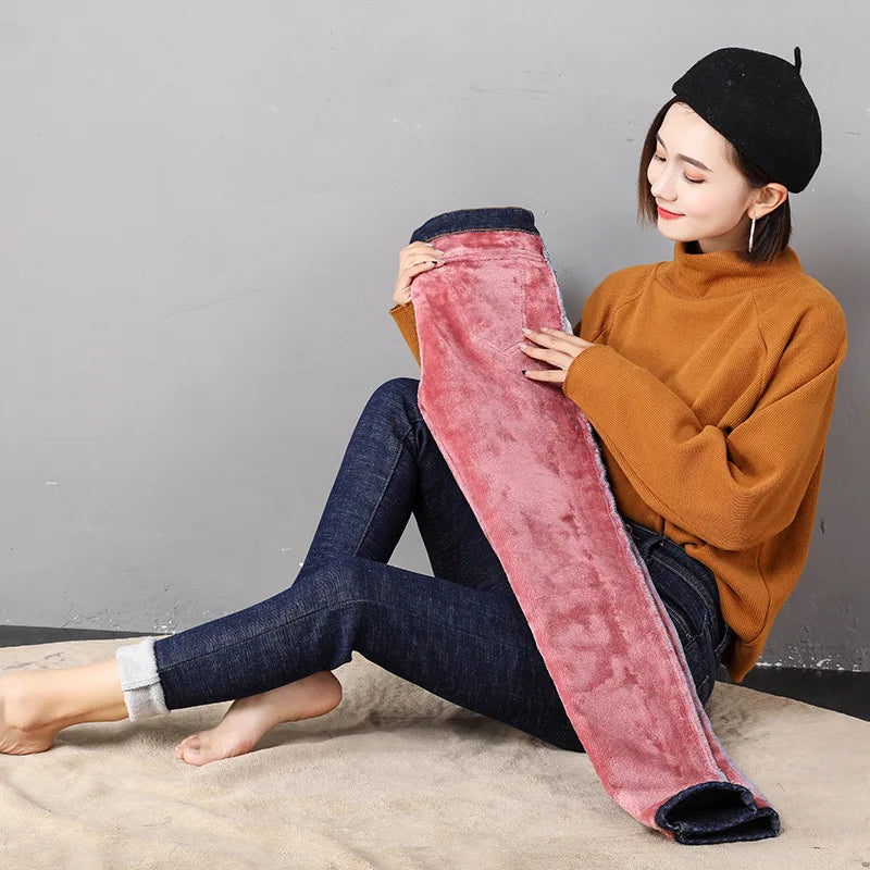 Frauen Winter Warm Thermo Jeans Hose Innenfleece Stretch Hosen Leggins Denim