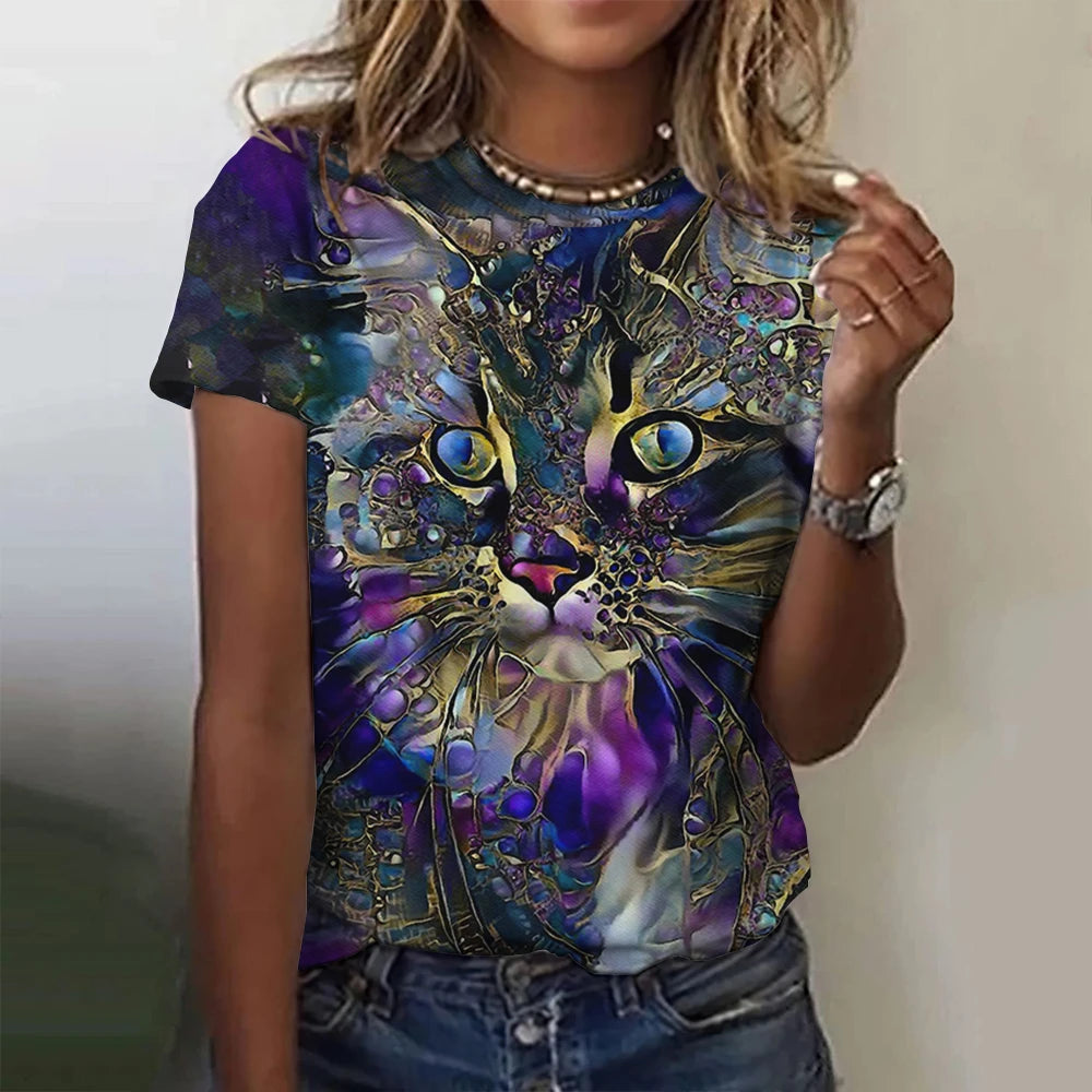 Damen Sommer Top 3D Katzen T-Shirt Rundhals Streetwear lockeres Damentop Bluse