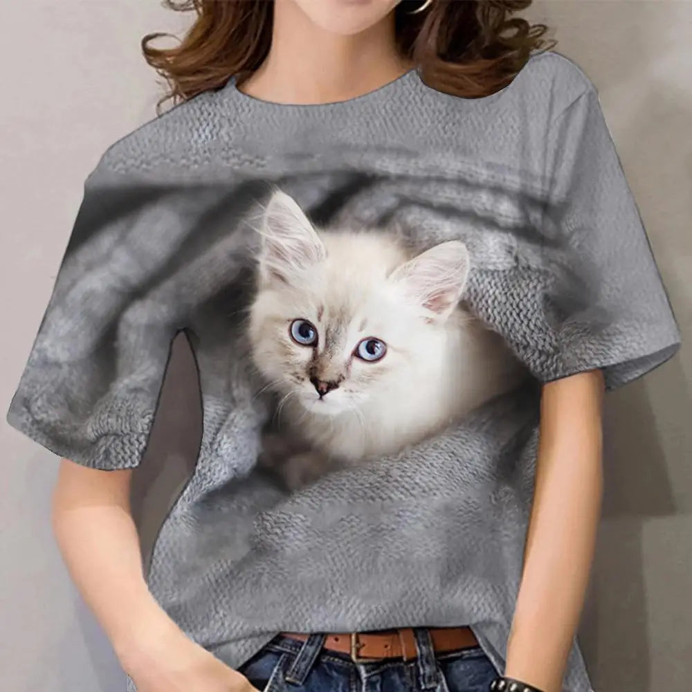 Damen Sommer Top 3D Katzen T-Shirt Rundhals Streetwear lockeres Damentop Bluse
