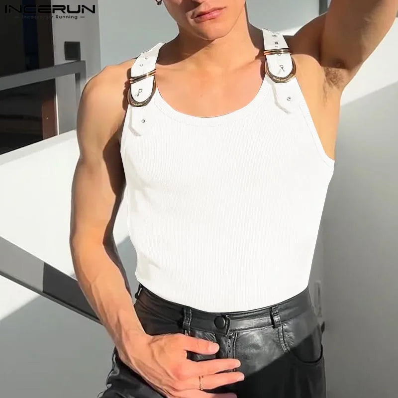 INCERUN Tops Amerikanischen Stil, Mode, Neue Männer Dekonstruktion Design Metall Schnalle Mesh Westen Casual Streetwear Männlich Solide Tank Tops