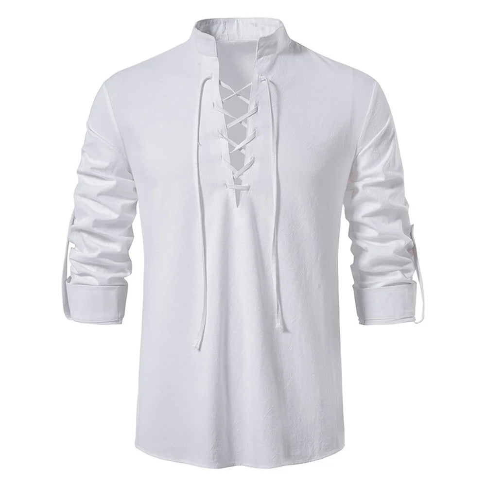 Herren Poloshirt Leinenhemd Langarm T-Shirt Leinen Hemd Polohemd Freizeithemd