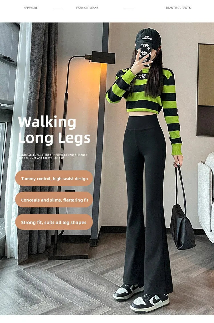 Hohe Taille, mit Fleece gefüttert, Bootcut-Yogahose, Damen-Oberbekleidung, Frühling, Herbst, Winter, schlankmachend, schwarz, Bauchkontrolle, lässig, Hai...