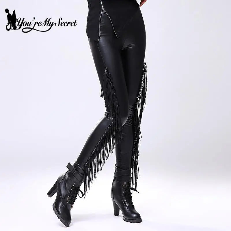 Sexy Damen Leggings Push Up Leggins Gothic Punk Hose PU Lederhose mit Fransen