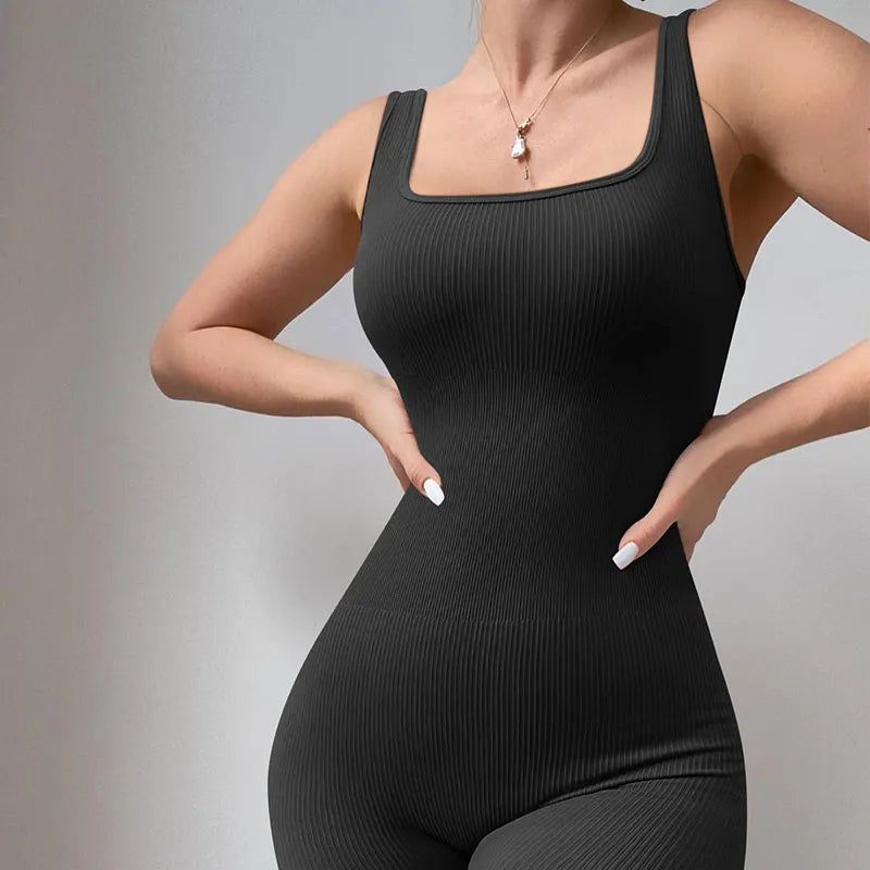 Damen Bodycon Gerippt Overall Stretch Yoga Jumpsuit Streetwear Fitness Strampler