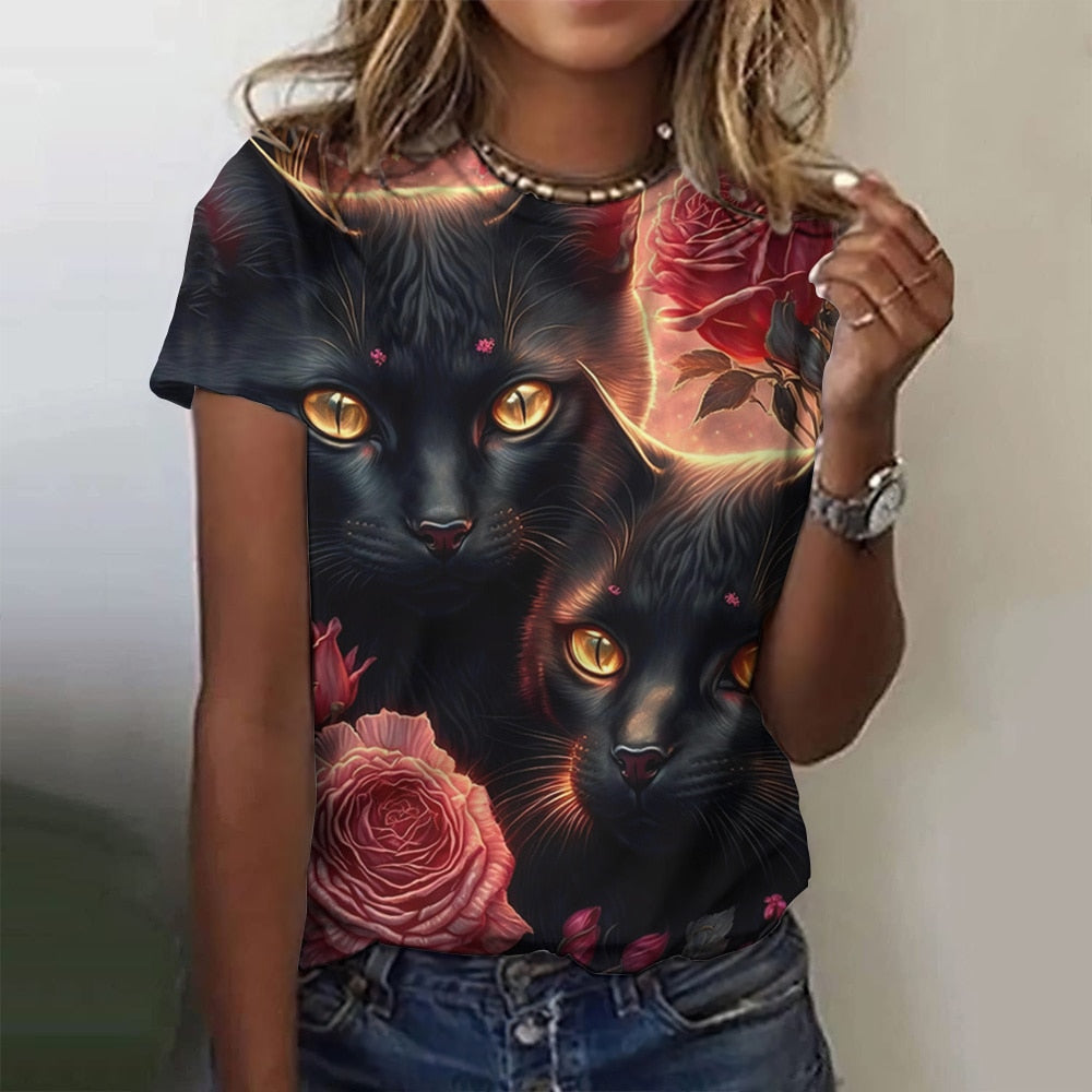 Damen Sommer Top 3D Katzen T-Shirt Rundhals Streetwear lockeres Damentop