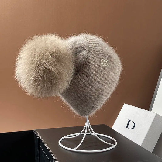 Damen Wolle Mütze Wintermütze Strickmütze Gefüttert Pudel Bommelmütze Pudelmütze
