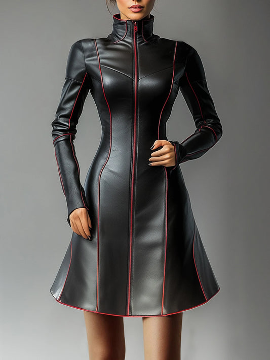 Damen Kleid PU Leder Partykleid Cocktail Abendkleid Sexy Clubwear Minikleid