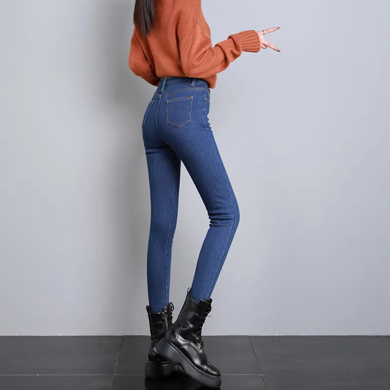 Frauen Winter Warm Thermo Jeans Hose Innenfleece Stretch Hosen Leggins Denim