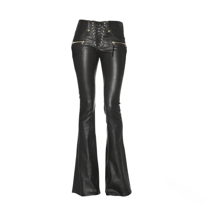 Sexy Damen Fashion Gothic Punk Hose PU Lederhose Reißverschluss Schlaghosen
