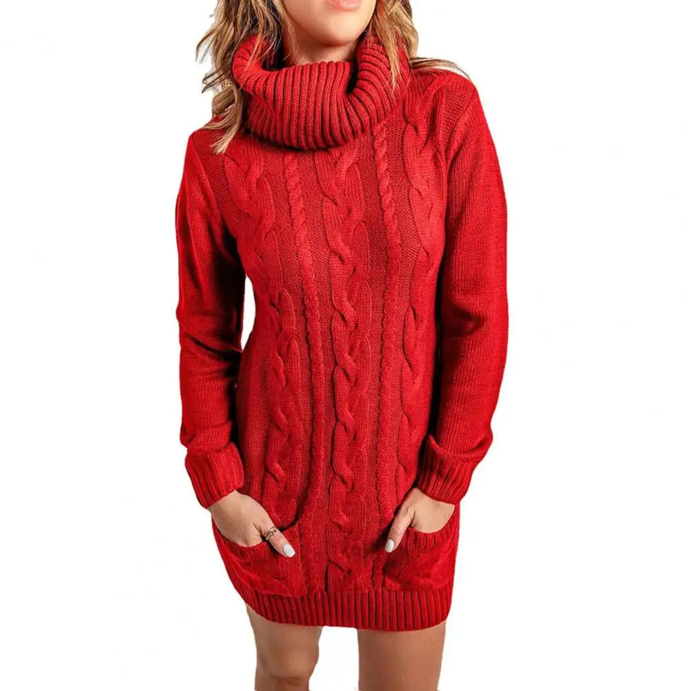 Damen Wollkleid Rollkragen Herbstkleid Winterkleid Strickkleid Longpullover