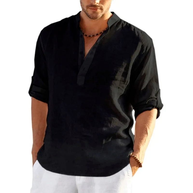 Herren Poloshirt Leinenhemd Kurzarm T-Shirt Leinen Hemd Polohemd Freizeithemd