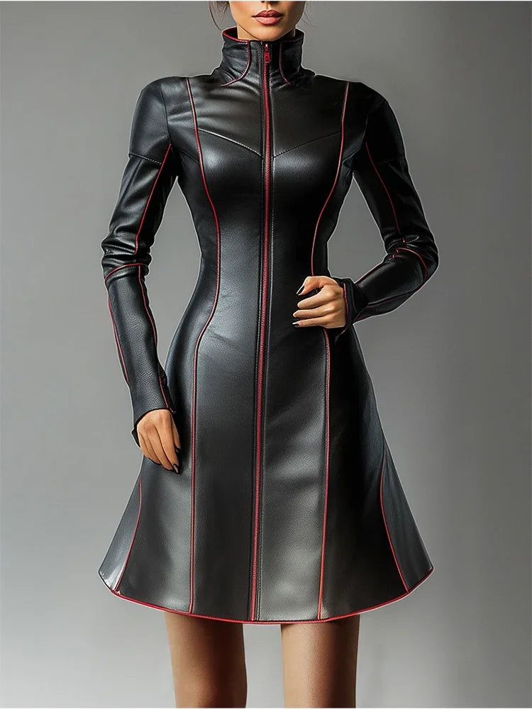 Damen Kleid PU Leder Partykleid Cocktail Abendkleid Sexy Clubwear Minikleid