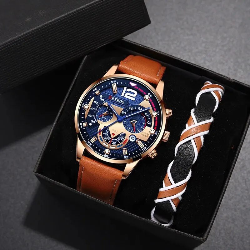 Stilvolle Herren Armbanduhr mit Kunstleder Armband Set Luxus Quarz Uhr