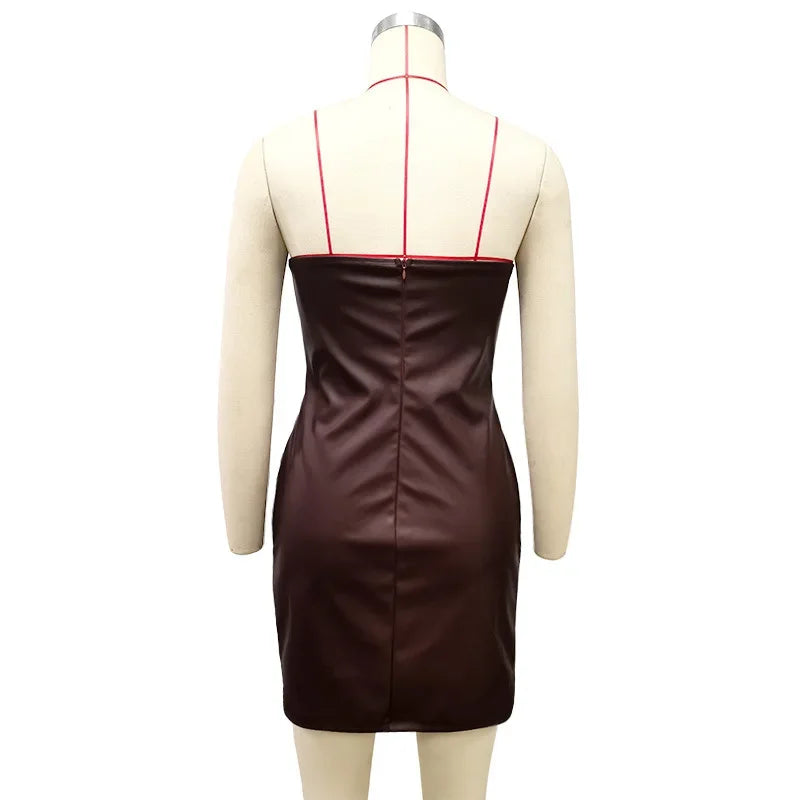 Frauen PU Leder Kleid rückenfreies Partykleid Trägerlos Abendkleid Cocktailkleid