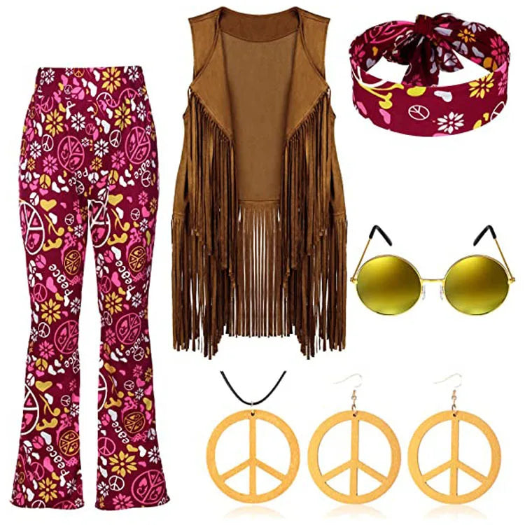 Damen Hippie Kostüm Hose 60er 70er Hüftjeans Schlaghose Leggins Flower Power