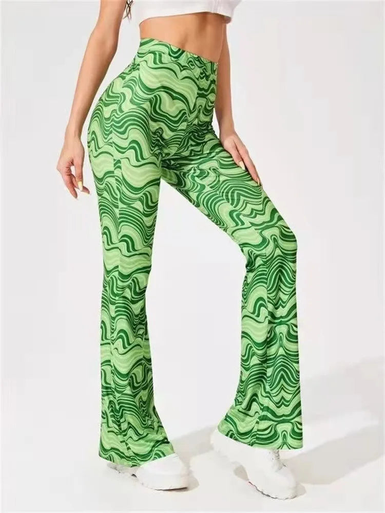 Damen Yoga Hose Bootcut Hüftjeans Schlaghose Flared Leggins Flower Power Retro