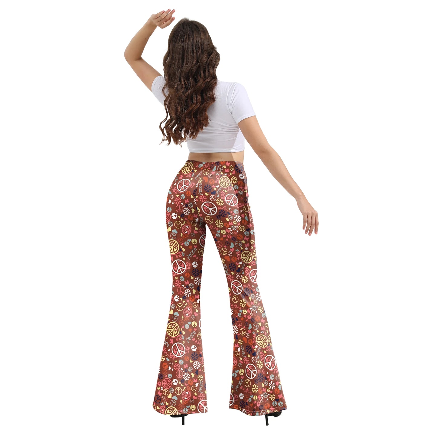 Damen Yoga Hose Bootcut Hüftjeans Schlaghose Flared Leggins Flower Power Retro
