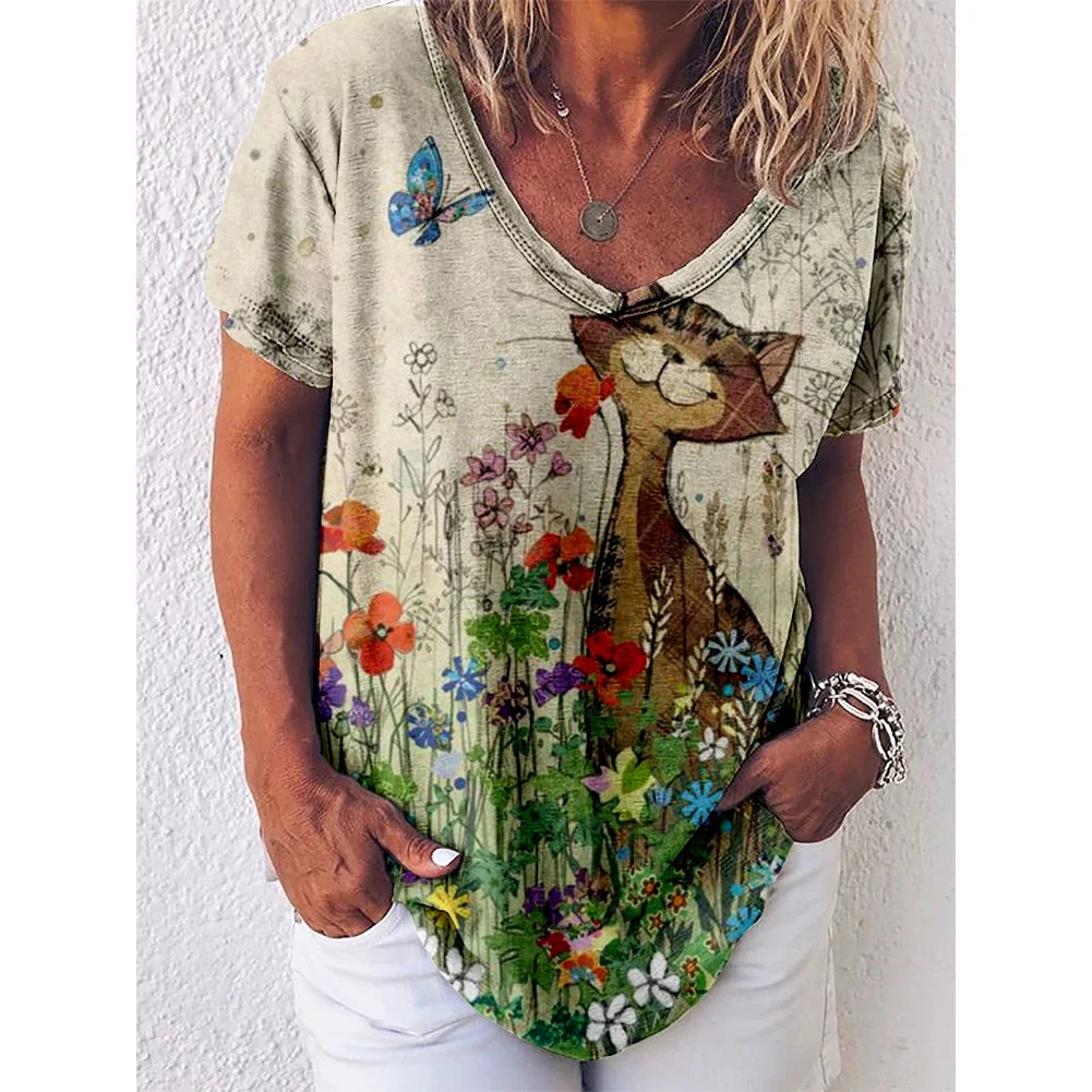 Damen Sommer Top 3D Katzen T-Shirt Rundhals Streetwear lockeres Damentop Bluse