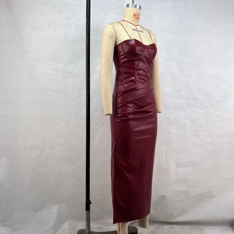 Frauen PU Leder Kleid rückenfreies Partykleid Trägerlos Abendkleid Cocktailkleid