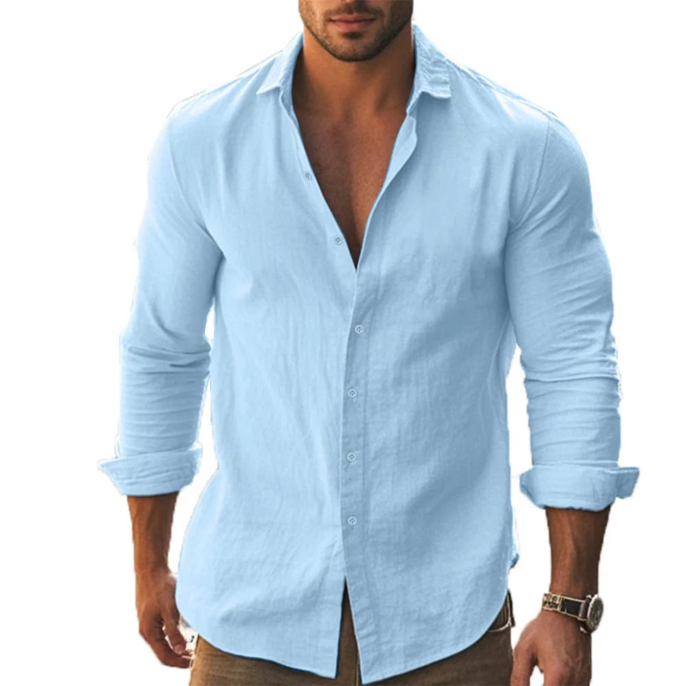 Herren Poloshirt Leinenhemd Langarm T-Shirt Leinen Hemd Polohemd Freizeithemd