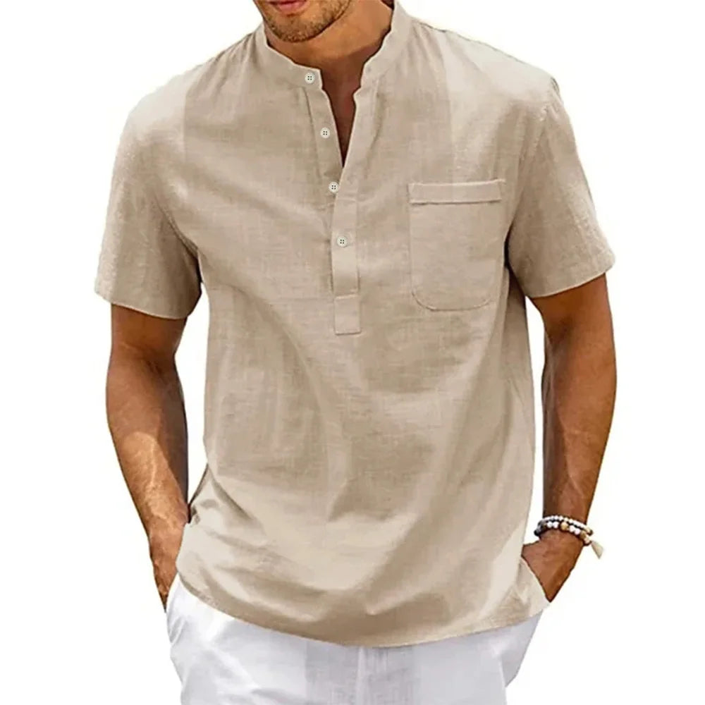 Herren Hemd Poloshirt Leinenhemd Kurzarm T-Shirt Leinen Polohemd Freizeithemd