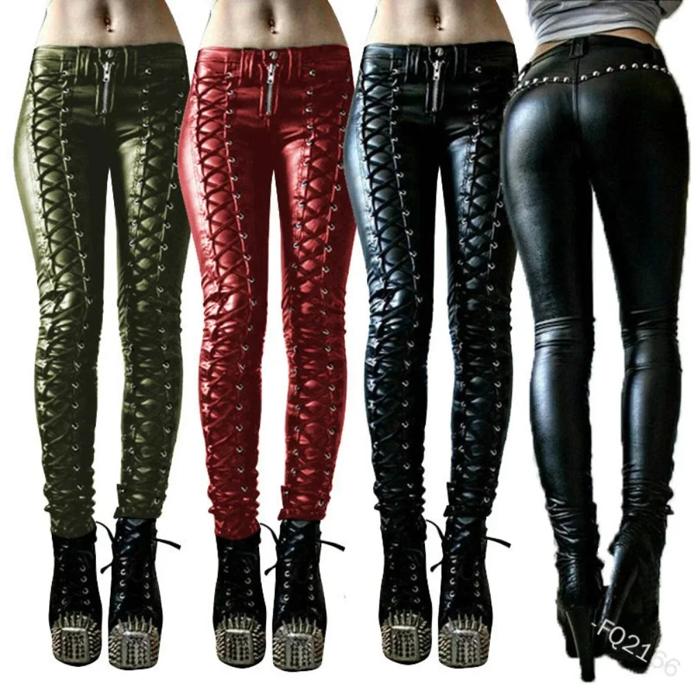 Sexy Damen Leggings Push Up Leggins Gothic Punk Hose PU Lederhose Reißverschluss