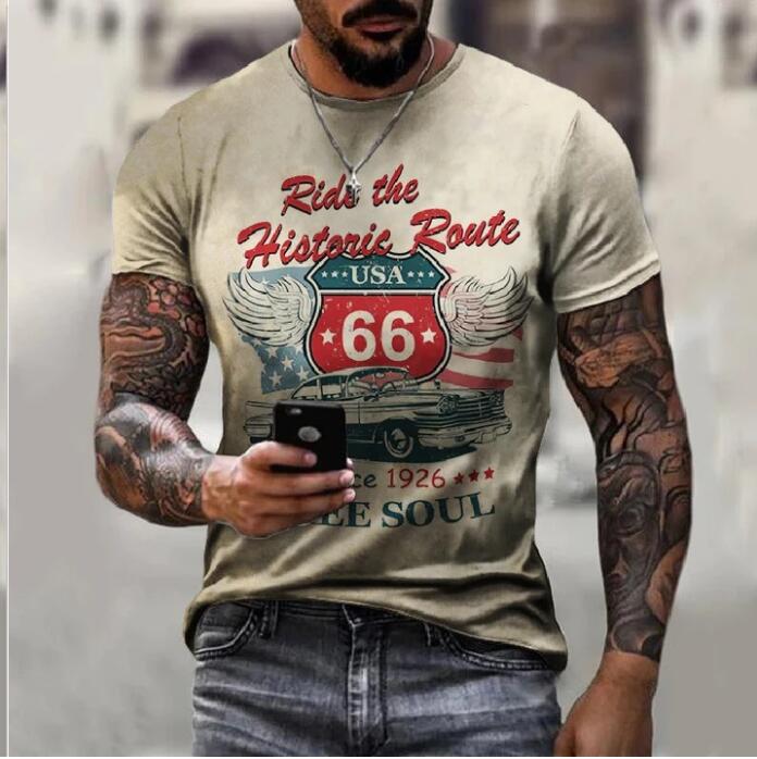 Herren Route 66 3D Kurzarm T-Shirt Rundhals Unisex Sommer Streetwear