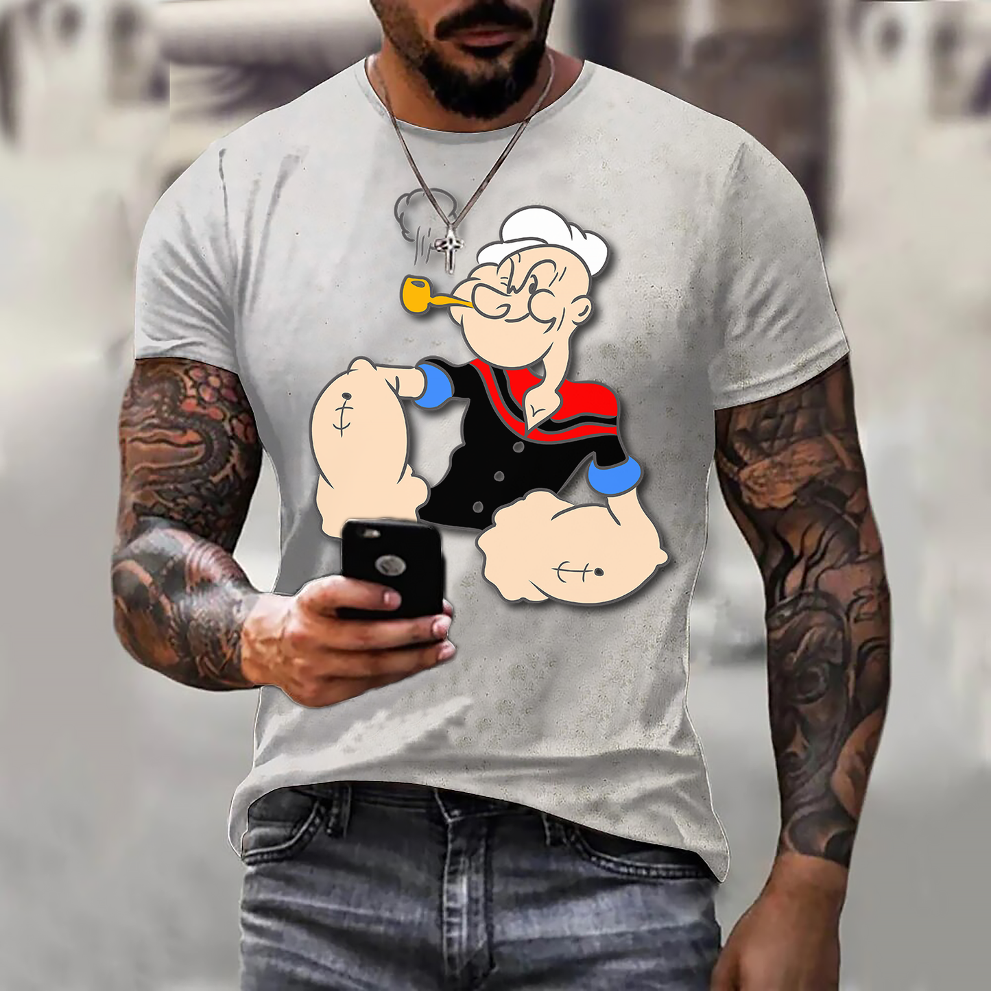 Männer Fashion Popeye T-Shirt Rundhals Unisex Streetwear 100% Baumwolle
