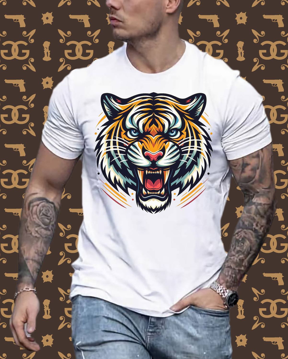 Männer T-Shirt Rundhals Unisex Tiger Sommer Streetwear Tank Top 100% Baumwolle