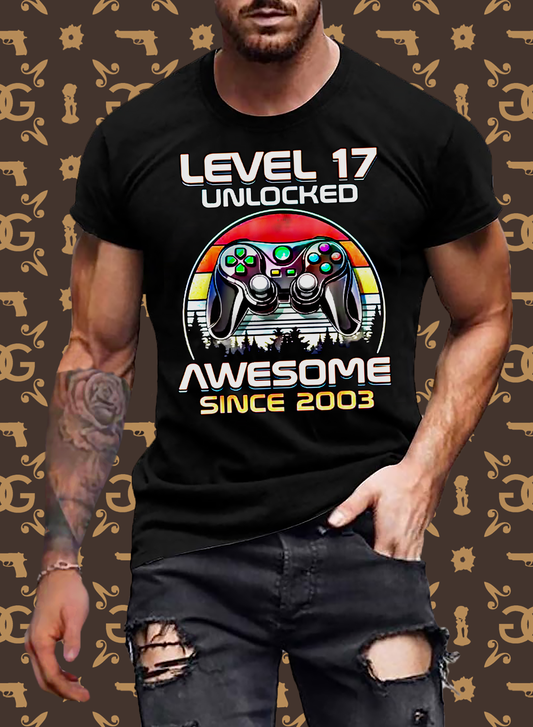 Gamer T-Shirt Top Level 17 Unlocked Fashion Herren Streetwear 100% Baumwolle