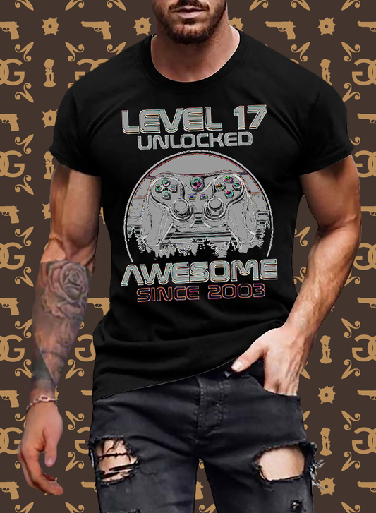 Gamer T-Shirt Top Level 17 Unlocked Fashion Herren Streetwear 100% Baumwolle