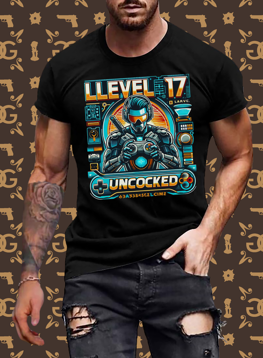 Gamer T-Shirt Top Level 17 Unlocked Fashion Herren Streetwear 100% Baumwolle