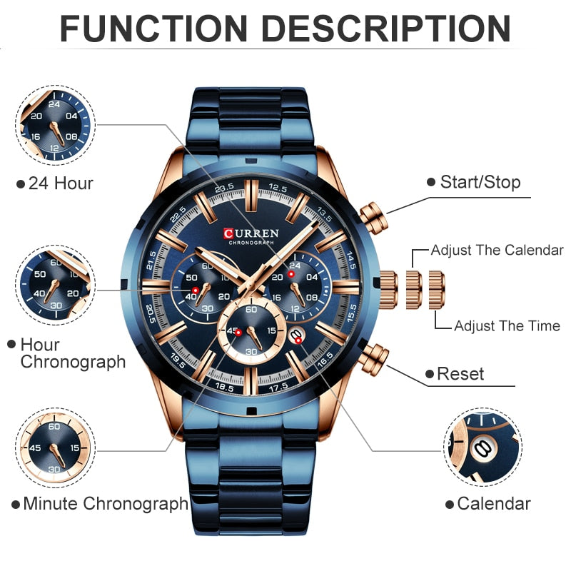 Herren Armbanduhr Silber Schwarz Edelstahl Fashion Luxus Chronograph  Business