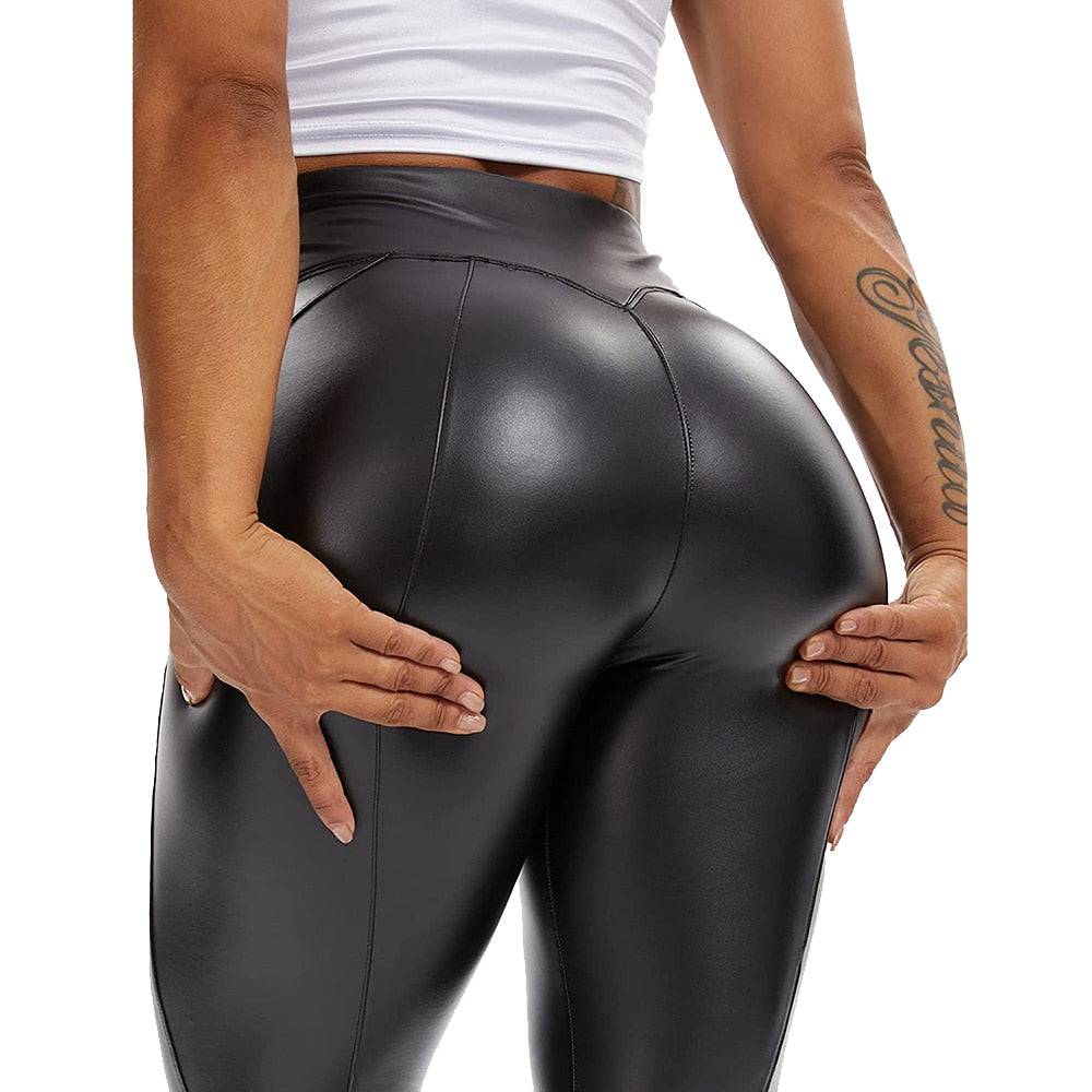 Damen Leggings Push-Up Lang Hose Leder Optik Nachtclub Sexy PU Hohe Elastizität