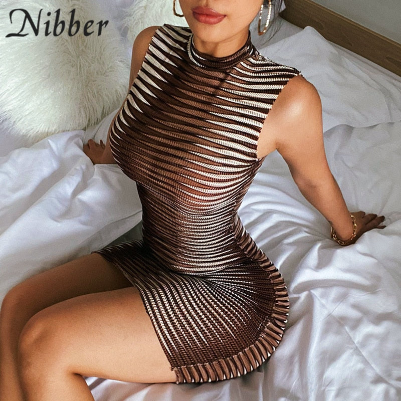 Frauen Kleid durchsichtiges gestrickte elegantes ärmellose figurbetontes Sexy Minikleid