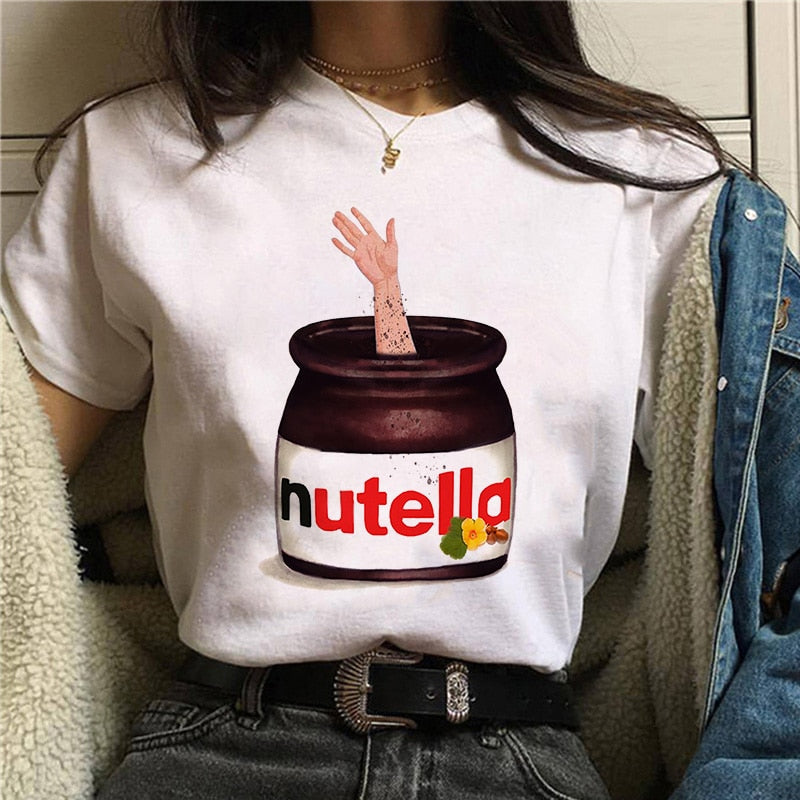 Damen Sommer Top 3D Nutella T-Shirt Rundhals Streetwear lockeres Damentop