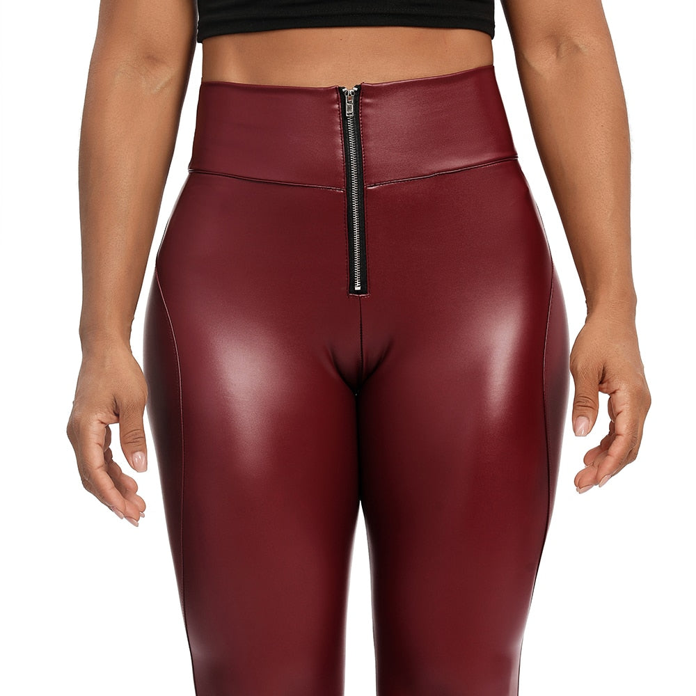 Damen Leggings Push-Up Lang Hose Leder Optik Nachtclub Sexy PU Hohe Elastizität