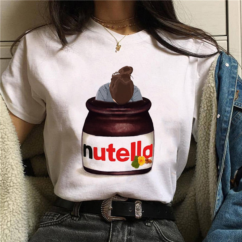 Damen Sommer Top 3D Nutella T-Shirt Rundhals Streetwear lockeres Damentop
