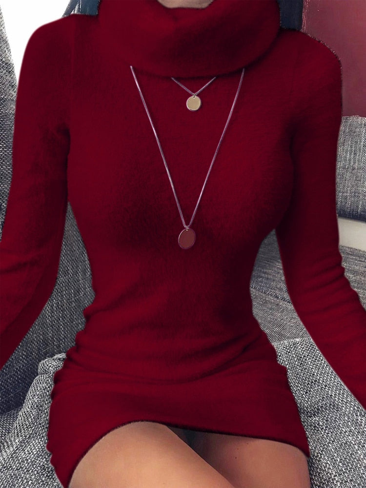 Damen Wollkleid Rollkragen Stiefelkleid Herbstkleid Winterkleid Strickkleid Longpullover