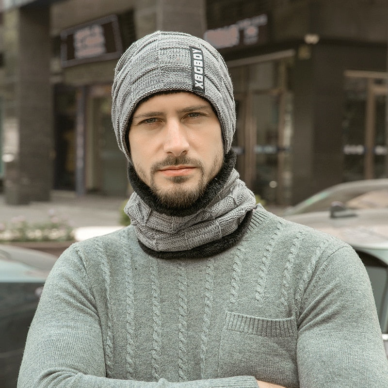 Warme Herren Wintermütze und Schal Fleece Mütze Strickmütze Kappe Hut Unisex