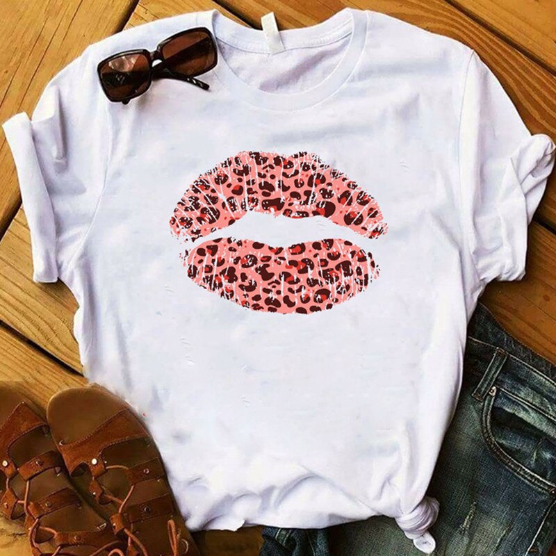 Damen Sommer Top 3D Leopard Kiss T-Shirt Rundhals Streetwear Damentop