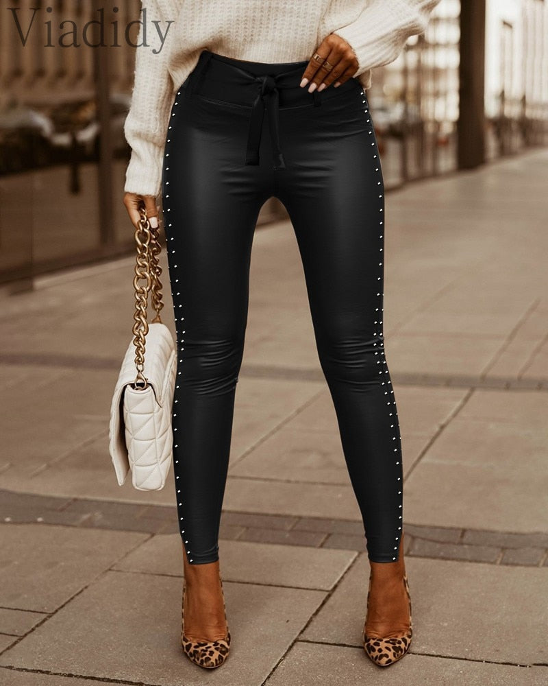 Damen Nieten Leggings Leggins Sexy Lang Dünne PU Hosen Leder Optik Nachtclub