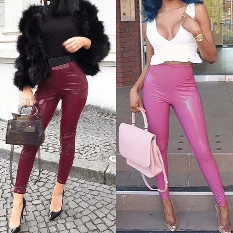 Sexy frauen Leggings Leggins Lang Hose Leder Optik Nachtclub Sexy Hohe Elastizität