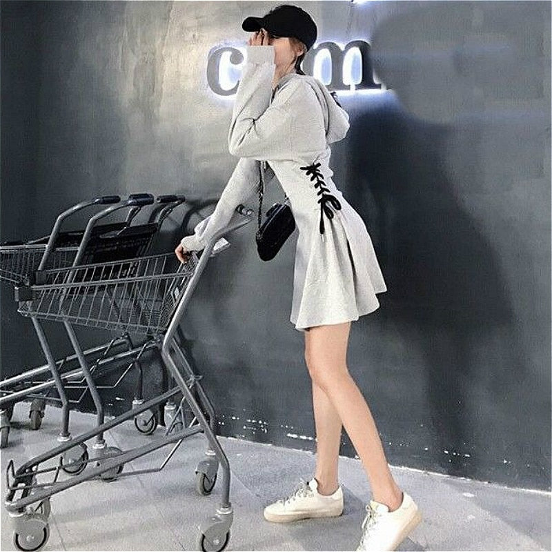 Frauen Langarm Minikleid Kapuzenpullover Kleid Hoodie Sweatshirt Sweatkleid