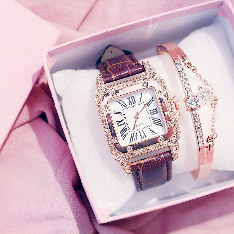 Damen Armband Uhren Set Strass Luxus Quarz Silber Gold Business Armbanduhr