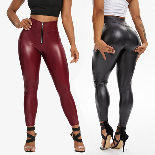 Damen Leggings Push-Up Lang Hose Leder Optik Nachtclub Sexy PU Hohe Elastizität
