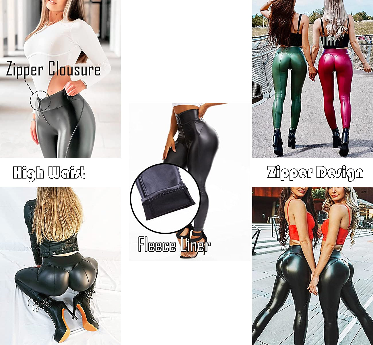 Damen Fashion Leggings Push Up Leggins Hose PU Lederhose mit Reißverschluss Sexy