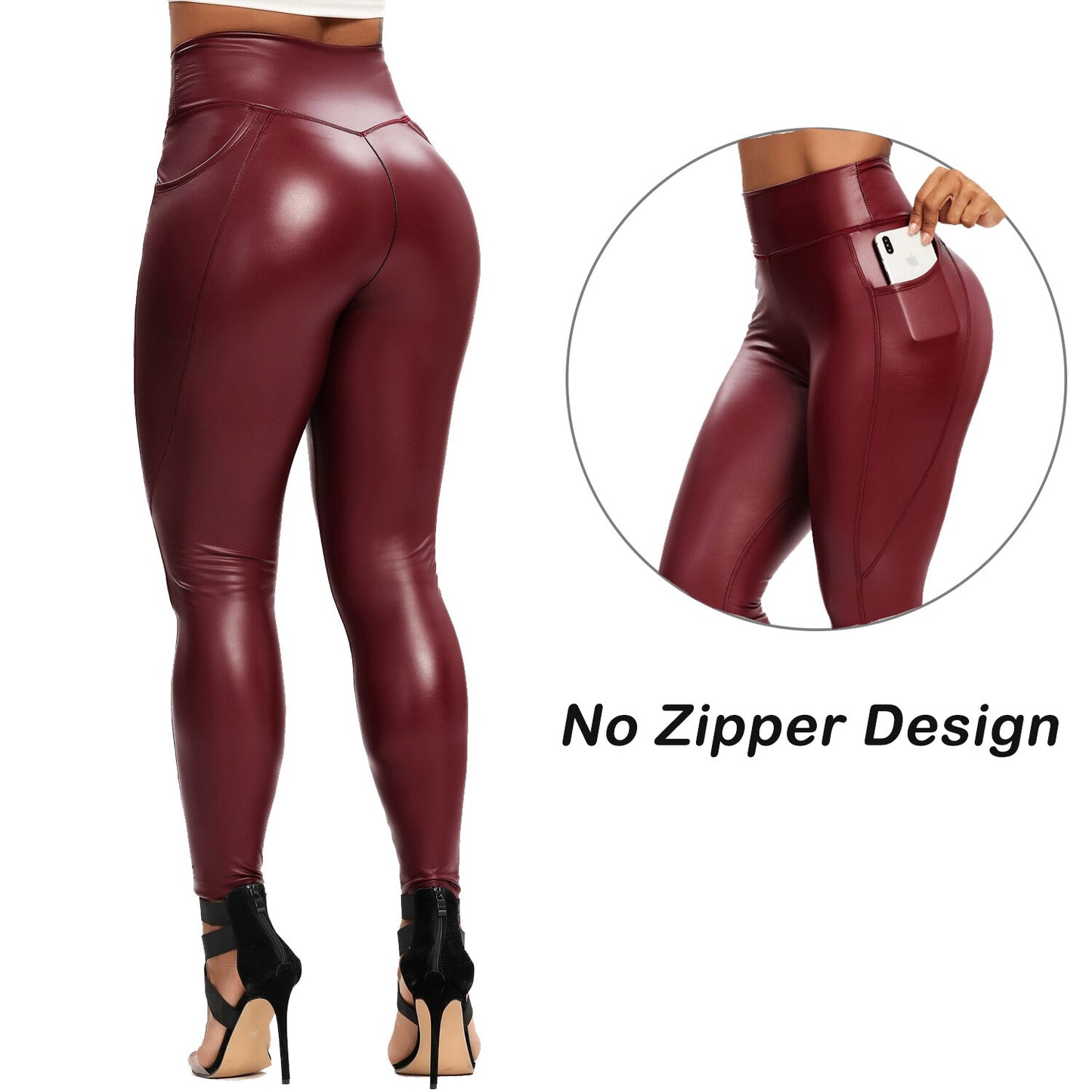Damen Leggings Push-Up Lang Hose Leder Optik Nachtclub Sexy PU Hohe Elastizität