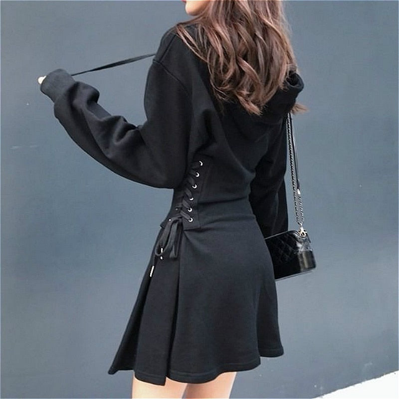 Frauen Langarm Minikleid Kapuzenpullover Kleid Hoodie Sweatshirt Sweatkleid